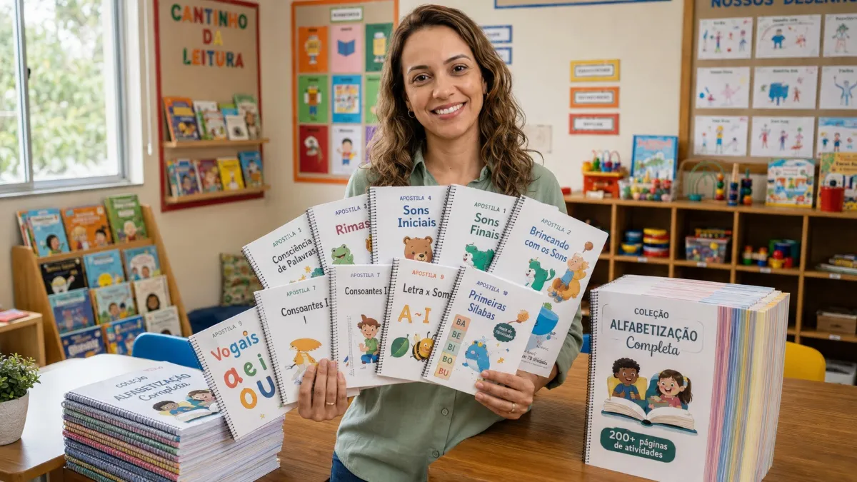 Professora apresentando a Coleção Alfabetização Completa com mais de 250 atividades fônicas