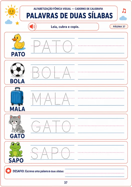 Palavras de duas sílabas — Caderno de Caligrafia